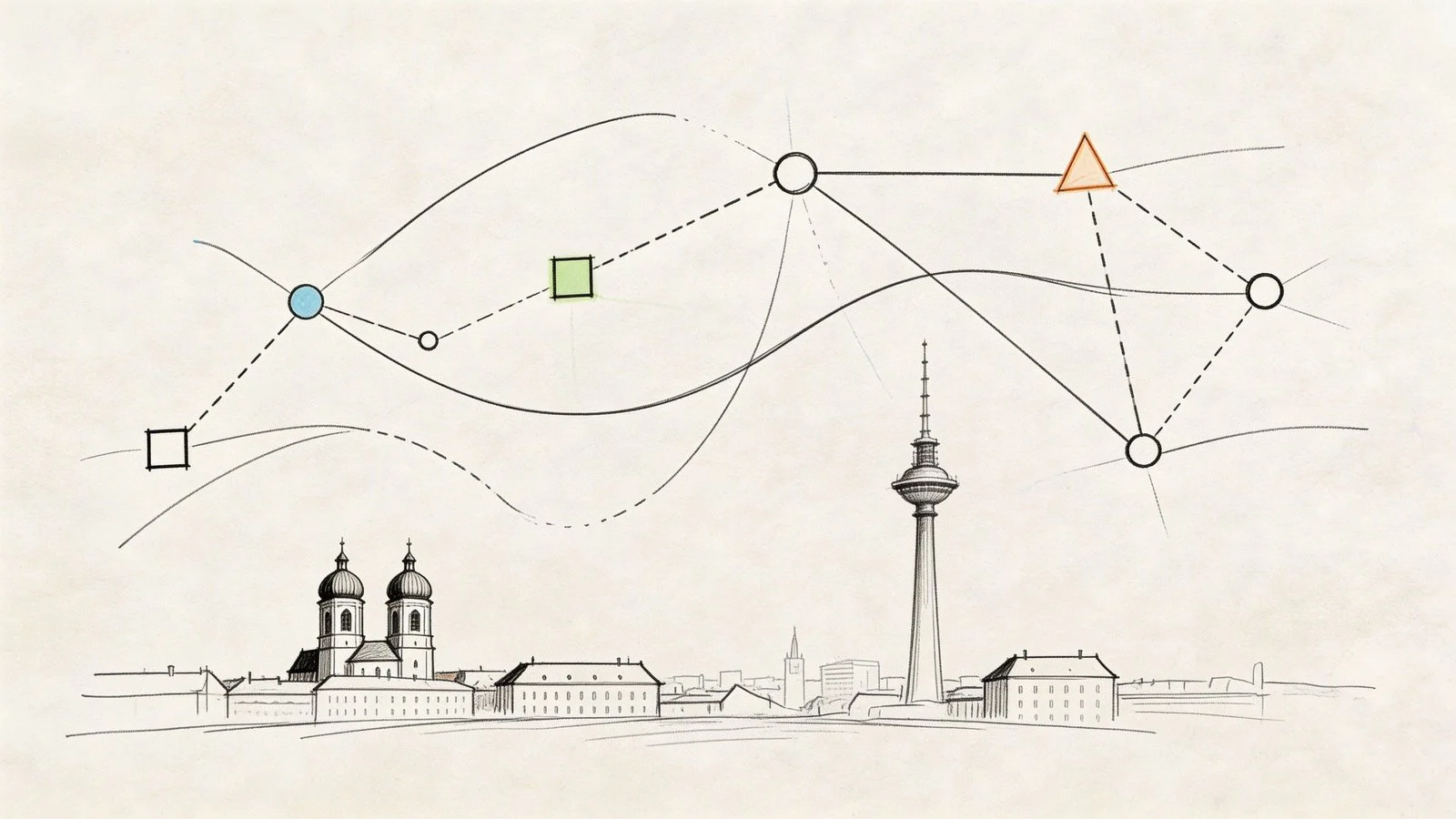 Eine handgezeichnete Skizze der Münchener Skyline mit abstrakten Netzwerkgrafiken und geometrischen Symbolen über den historischen Gebäuden.