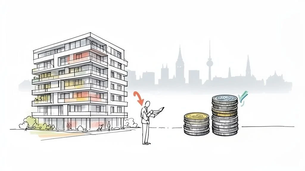 Illustration: Modernes Wohngebäude, Person mit Dokumenten und Geldmünzen vor einer Stadtkulisse. Neubauprojekt und Investition.