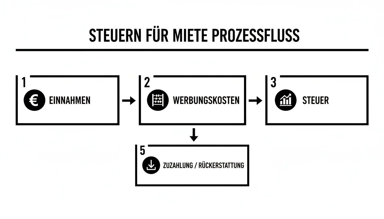 Flussdiagramm zur Steuererklärung von Mieteinnahmen, zeigt Schritte von Einnahmen bis zur Steuerzahlung oder Rückerstattung.