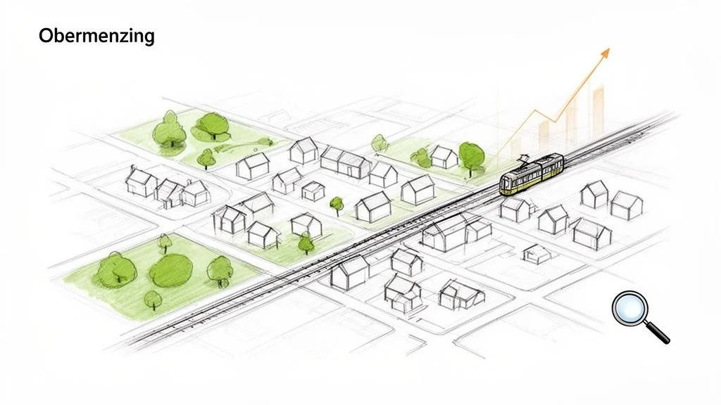 Illustration eines Stadtteils namens Obermenzing mit Häusern, Straßenbahn und Wachstumsdiagramm.