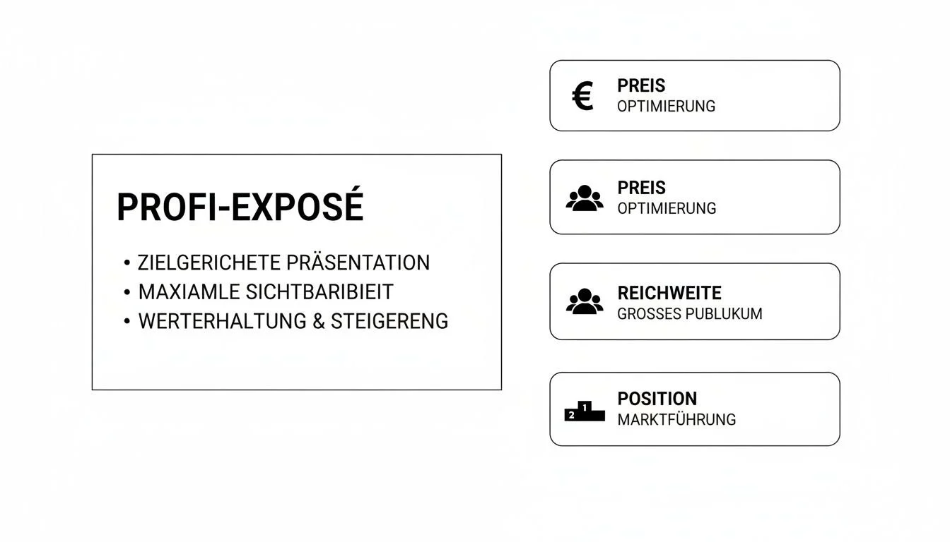 Übersicht zu Profi-Exposé-Vorteilen: zielgerichtete Präsentation, Sichtbarkeit, Werterhaltung, Preisoptimierung, Reichweite, Marktführung.