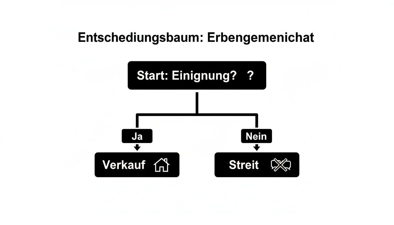 Ein Entscheidungsbaum zur Erbengemeinschaft: Bei Einigung erfolgt Verkauf der Immobilie, bei Uneinigkeit droht Streit.