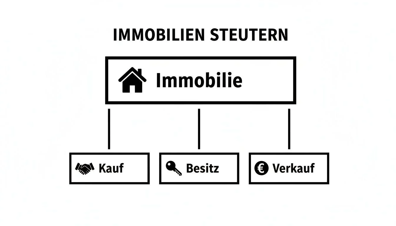 Diagramm zu Immobilien und Steuern: Kauf, Besitz und Verkauf einer Immobilie visualisiert.