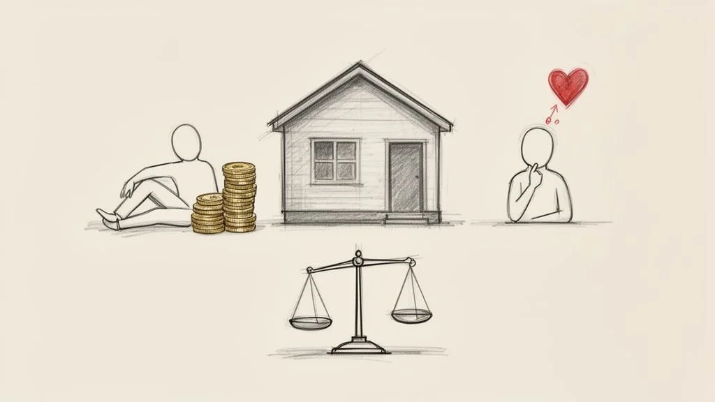 Bleistiftzeichnung, die eine Person mit Geld, ein Haus und eine Person mit einem Herzen zeigt, die durch eine Waage verglichen werden.