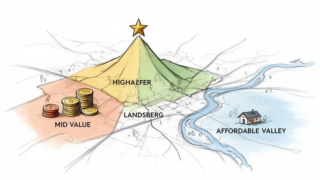 Karte von Landsberg mit Highalfer, Mid Value und Affordable Valley Zonen für Immobilienpreise.