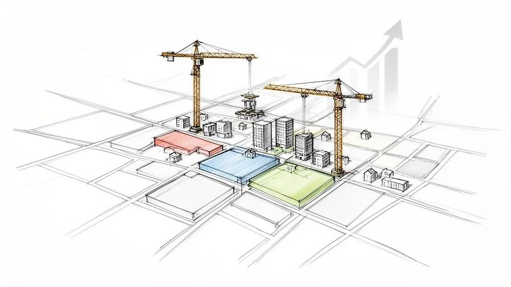 Skizze einer Stadtlandschaft mit Baukranen, neuen Gebäuden und einer wachsenden Wirtschaftsgrafik.