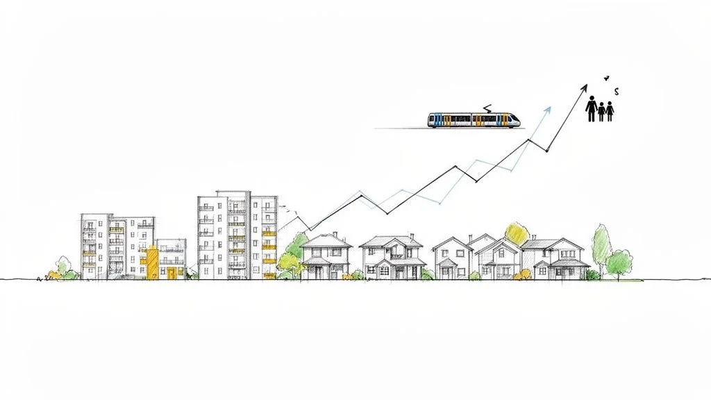 Skizze einer Stadtlandschaft mit Wohngebäuden, Straßenbahn und aufsteigenden Wachstumstrends für Familien und Finanzen.