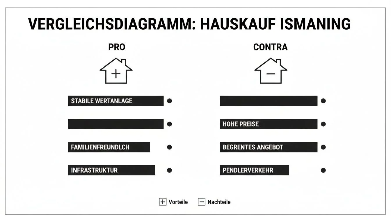Vergleichsdiagramm zum Hauskauf in Ismaning, das Vorteile (stabile Wertanlage, familienfreundlich, Infrastruktur) und Nachteile (hohe Preise, begrenztes Angebot, Pendlerverkehr) gegenüberstellt.