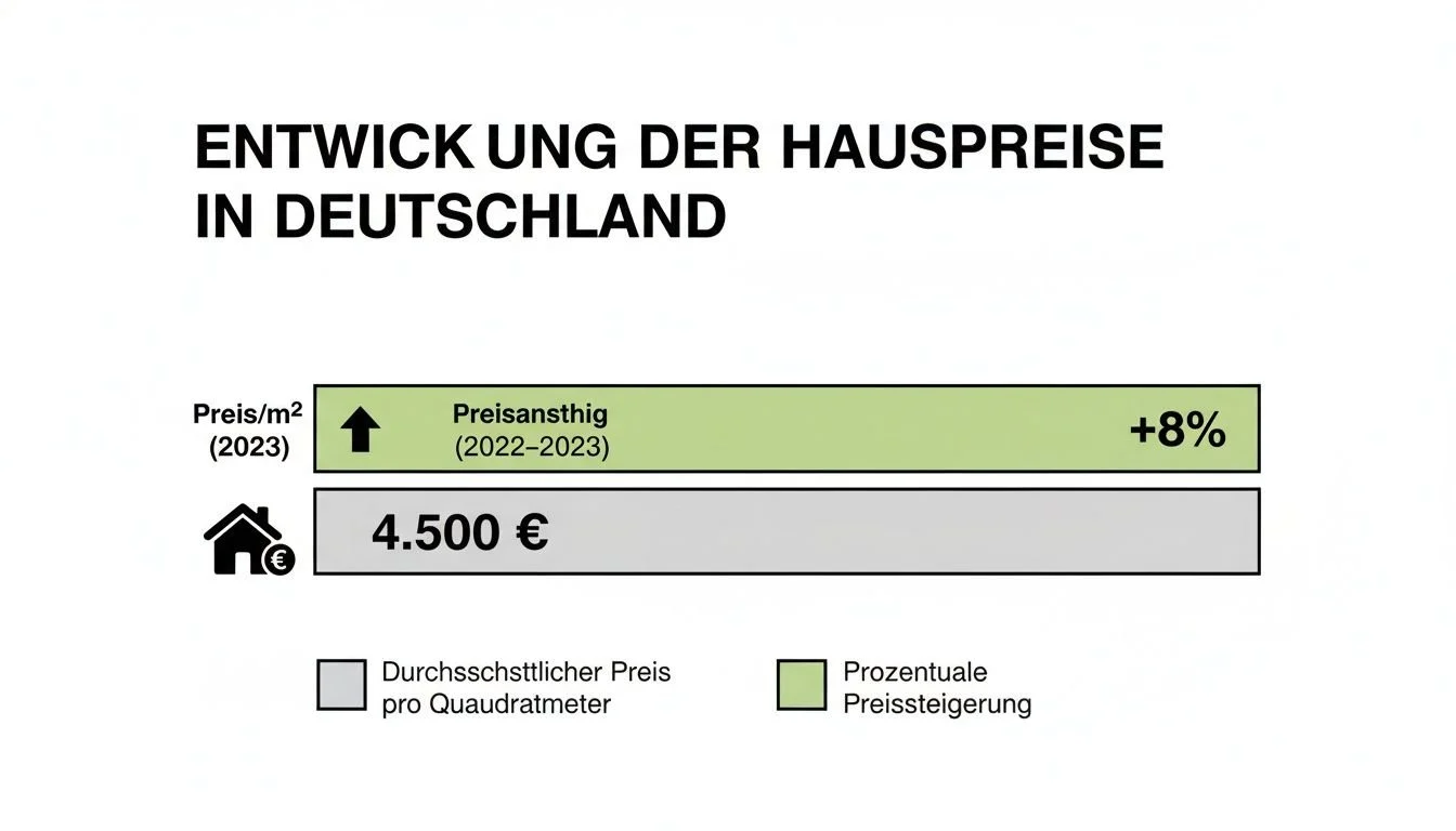 Statistik zur Entwicklung der Hauspreise in Deutschland, zeigt den durchschnittlichen Preis pro Quadratmeter und die Preissteigerung.