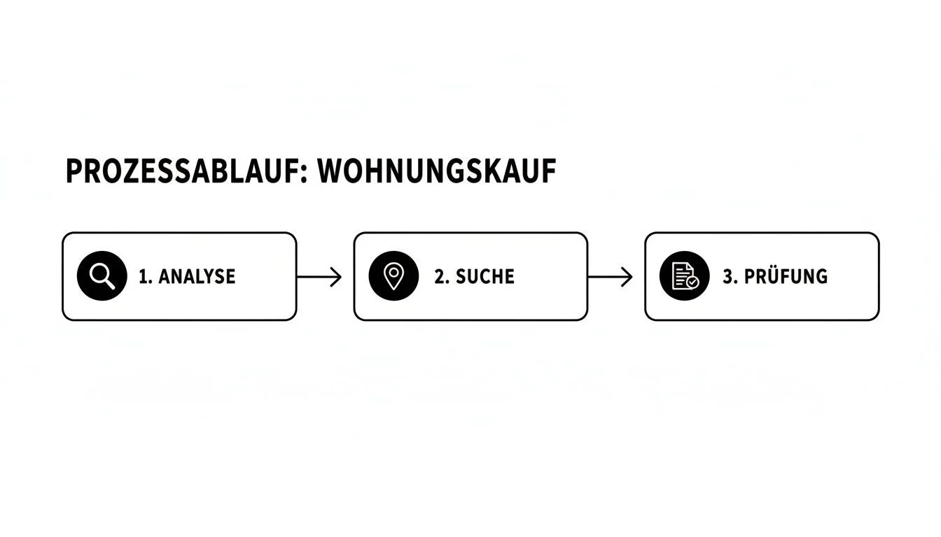 Infografik zum Ablauf des Wohnungskaufs mit Schritten wie Analyse, Suche und Prüfung dargestellt.