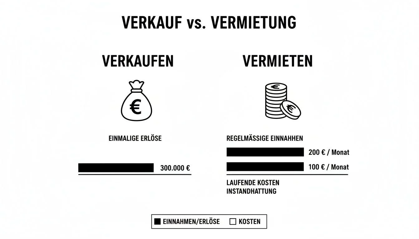 Infografik zum Vergleich von Verkauf und Vermietung einer Immobilie, mit Einnahmen und laufenden Kosten.