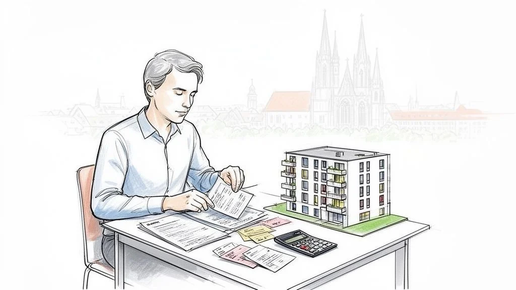 Mann mit Immobilienmodell und Unterlagen berechnet Finanzen und Steuern für ein Mietobjekt.