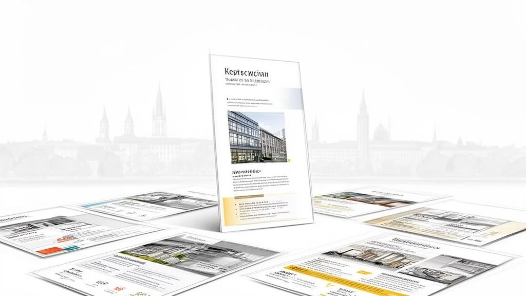 Professionelle Immobilien-Exposés und Präsentationen auf einem Tisch mit Stadtpanorama im Hintergrund.