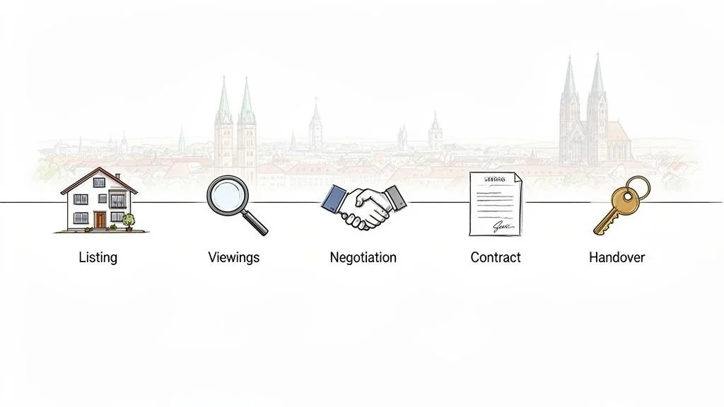 Visualisierung des Hausverkaufsprozesses: Listing, Besichtigungen, Verhandlung, Vertrag und Schlüsselübergabe.