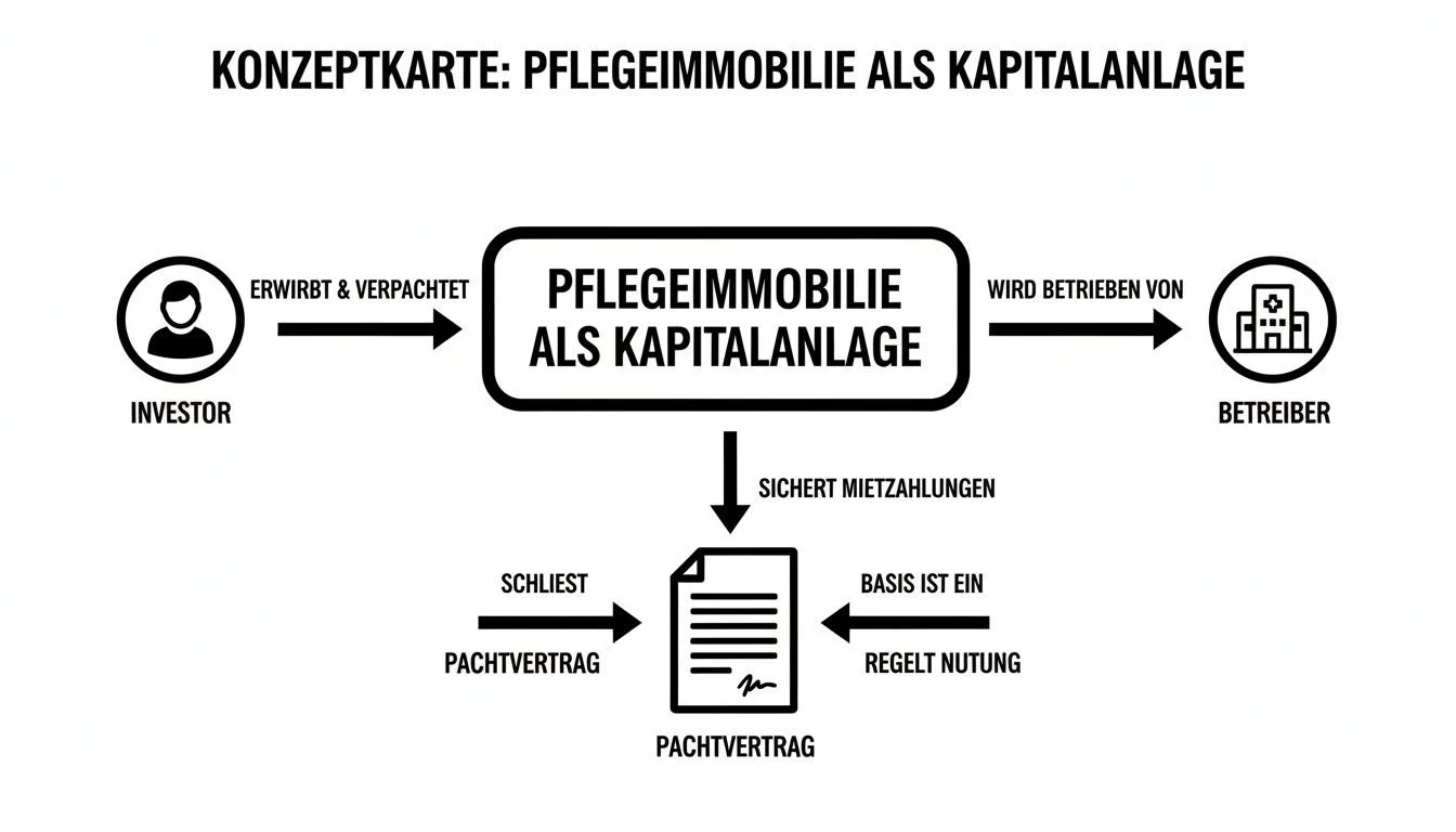 Konzeptkarte zur Pflegeimmobilie als Kapitalanlage, die Beziehungen zwischen Investor, Betreiber und Pachtvertrag aufzeigt.