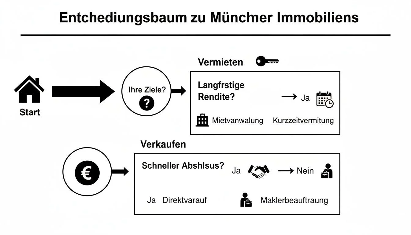 Entscheidungsbaum für Immobilien in München: Optionen zum Vermieten (langfristige Rendite) oder Verkaufen (schneller Abschluss).