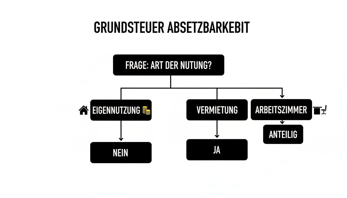 Flussdiagramm zur Absetzbarkeit der Grundsteuer nach Nutzungsart: Eigennutzung, Vermietung, Arbeitszimmer.