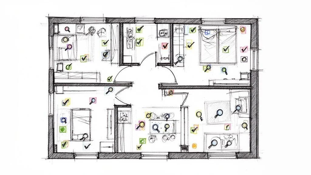 Ein gezeichneter Grundriss einer 3-Zimmer-Wohnung mit vielen kleinen Symbolen und Markierungen zur Raumplanung und Einrichtungsübersicht.