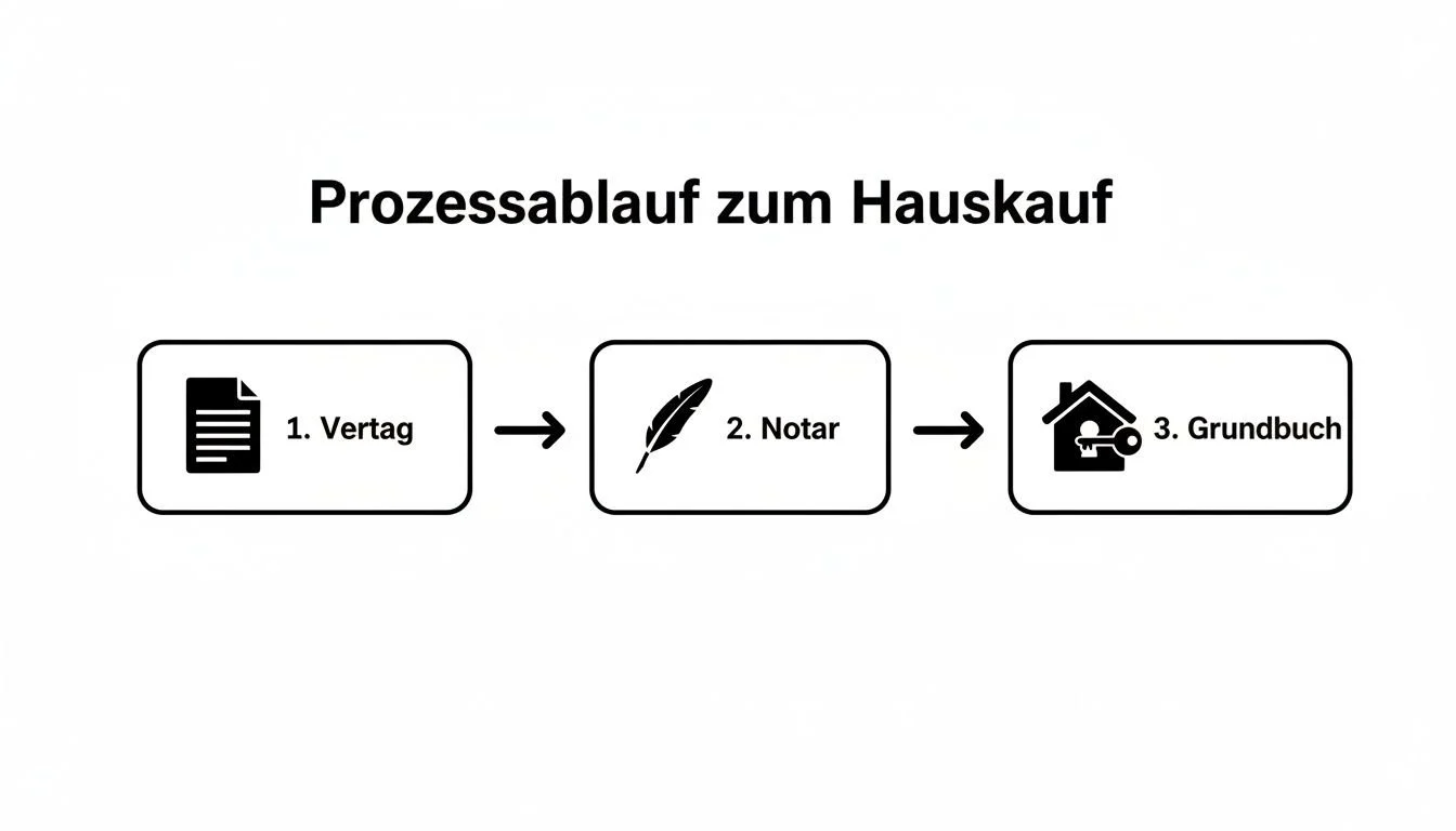 Das Bild zeigt den Prozessablauf zum Hauskauf in drei Schritten: Vertrag, Notar und Grundbuch.