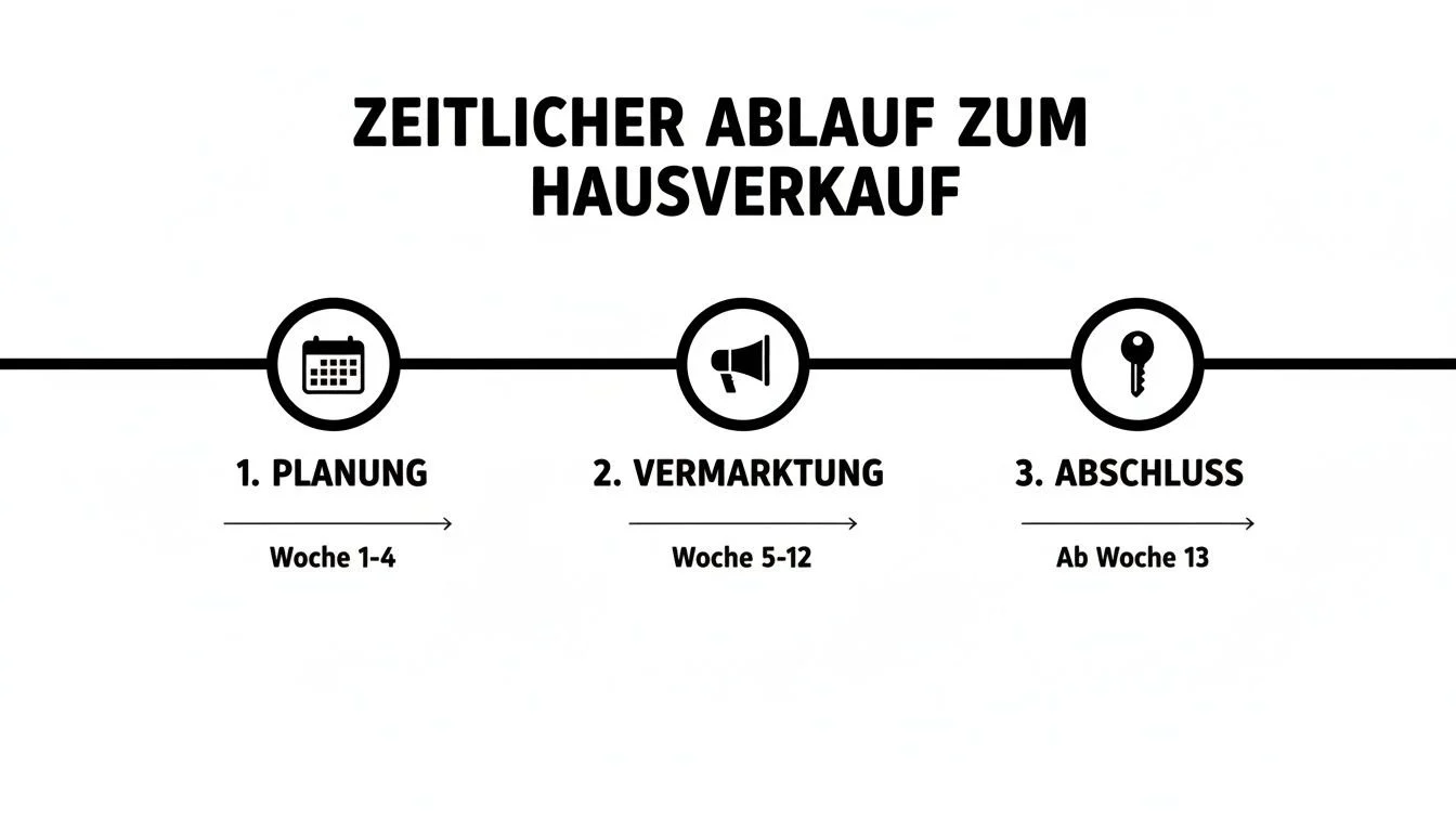 Der zeitliche Ablauf zum Hausverkauf: Planung (Woche 1-4), Vermarktung (Woche 5-12) und Abschluss (ab Woche 13).