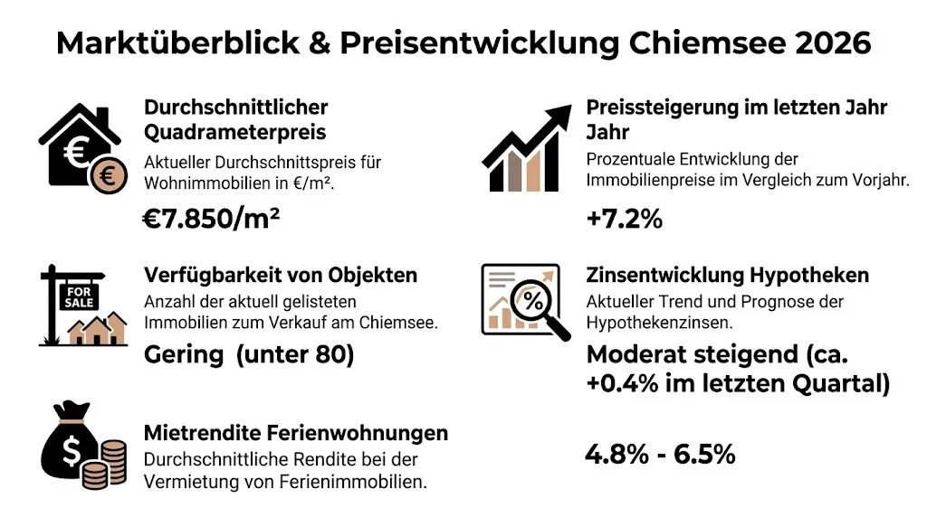 Infografik zur Marktentwicklung von Immobilien am Chiemsee im Jahr 2026 mit Preisdaten und Trends.