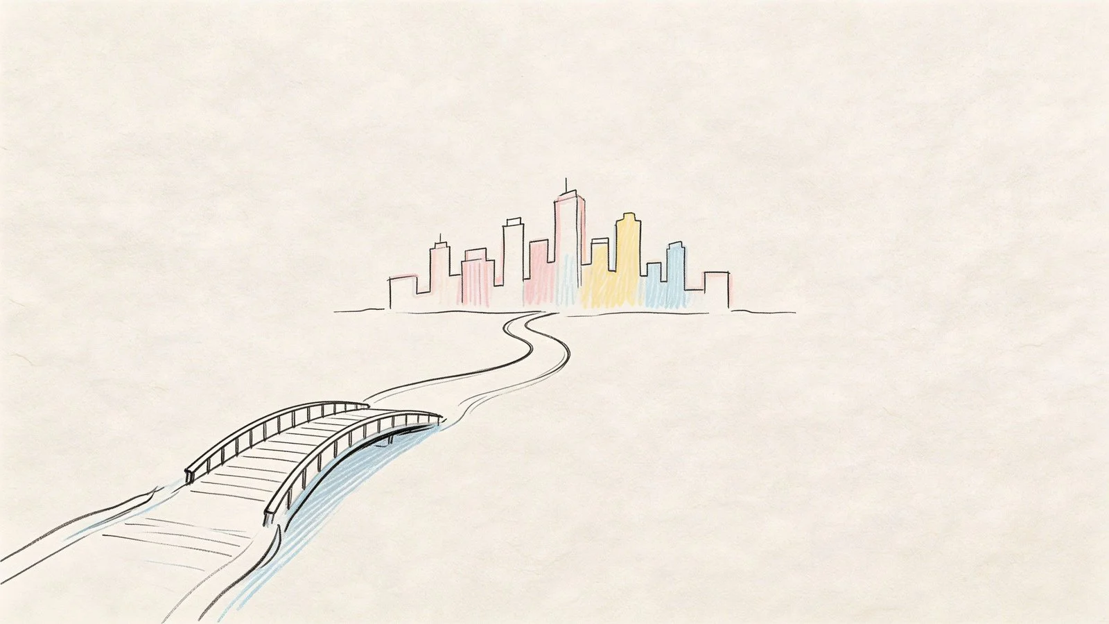 Eine skizzierte Zeichnung mit einer Brücke, die zu einer weit entfernten, bunten Skyline einer Stadt führt.