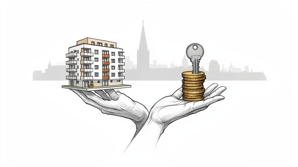 Hände halten ein Gebäude und einen Stapel Münzen mit Schlüssel vor einer Stadtsilhouette.