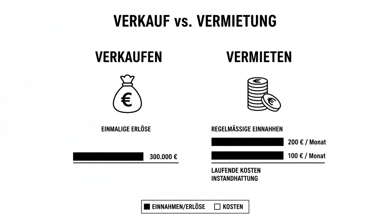 Infografik zum Vergleich von Verkauf und Vermietung einer Immobilie, mit Einnahmen und laufenden Kosten.