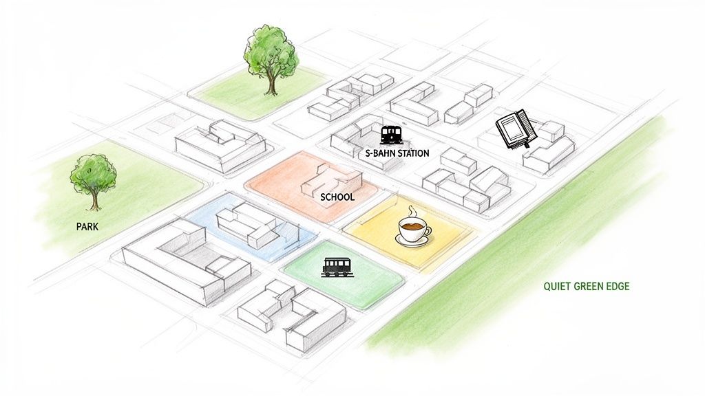 Eine Skizze eines Stadtviertels mit Park, Schule, S-Bahn-Station, Café und Wohngebäuden.