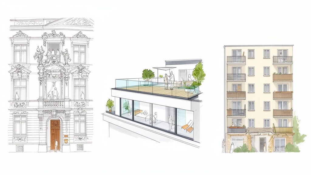 Drei Architekturskizzen: klassisches Gebäude, modernes Penthouse mit Dachterrasse, Wohnhaus mit Balkonen.