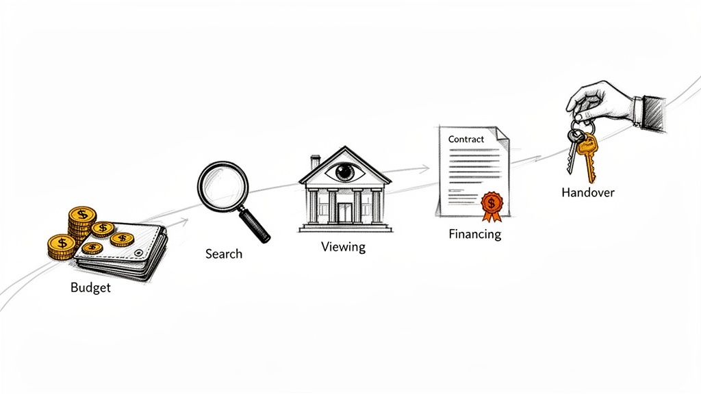 Visualisierung des Prozesses Wohnungskauf: Budget, Suche, Besichtigung, Finanzierung, Schlüsselübergabe.
