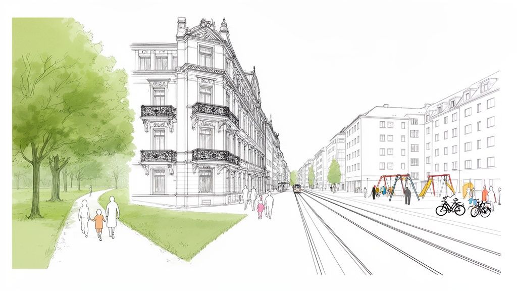 Detailreiche Skizze einer lebhaften Stadtansicht mit Park, historischer Architektur, Straßenbahn und Spielplatz.