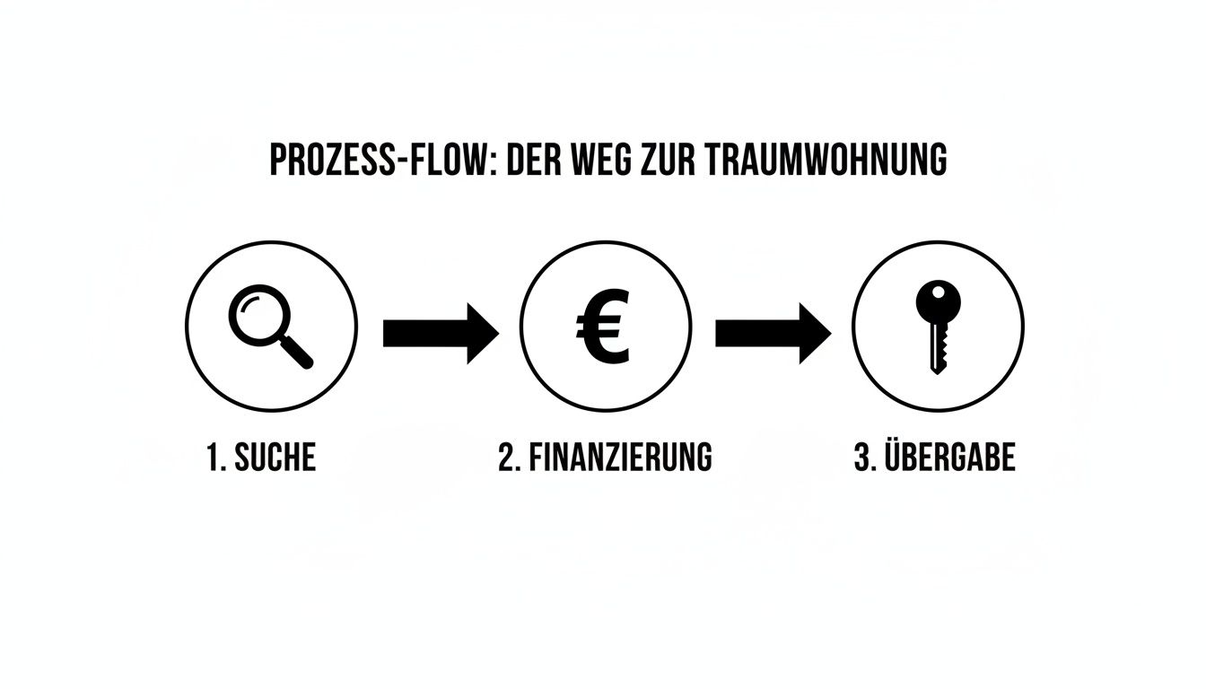 Prozessablauf zum Kauf einer Traumwohnung: Suche, Finanzierung und anschließende Übergabe der Schlüssel.