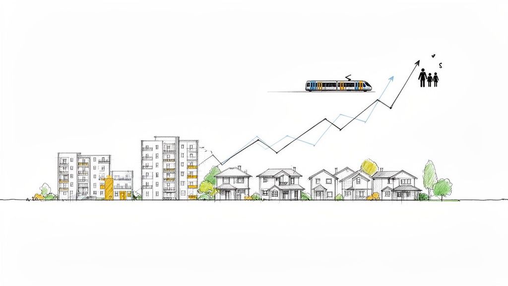 Skizze einer Stadtlandschaft mit Wohngebäuden, Straßenbahn und aufsteigenden Wachstumstrends für Familien und Finanzen.