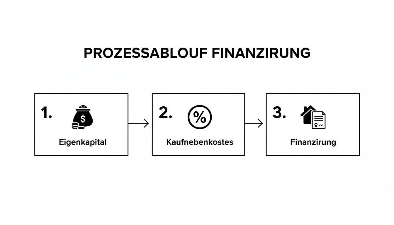 Diagramm zeigt den Prozessablauf einer Finanzierung in drei Schritten: Eigenkapital, Kaufnebenkosten und Finanzierung.