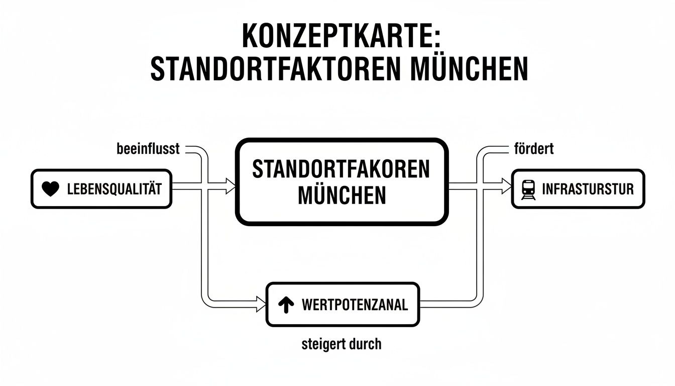 Konzeptkarte zu Standortfaktoren München, die Lebensqualität, Infrastruktur und Wertpotenzial verbindet.
