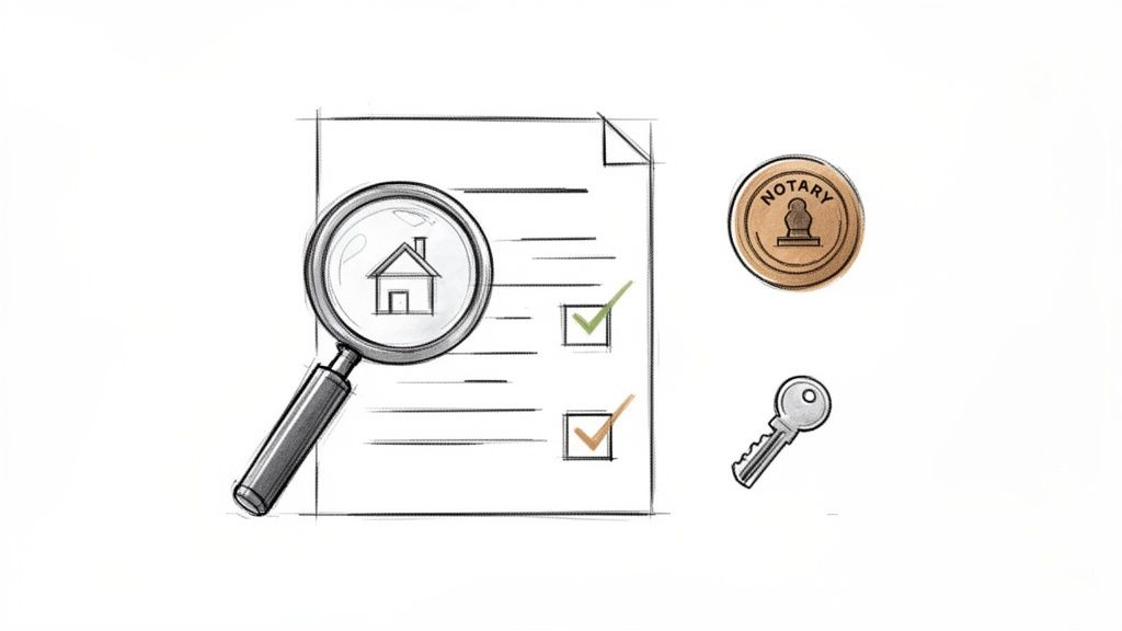 Lupe auf einem Dokument mit Haus-Symbol und Häkchen, daneben Notarstempel und Schlüssel, symbolisiert Immobiliengeschäfte.