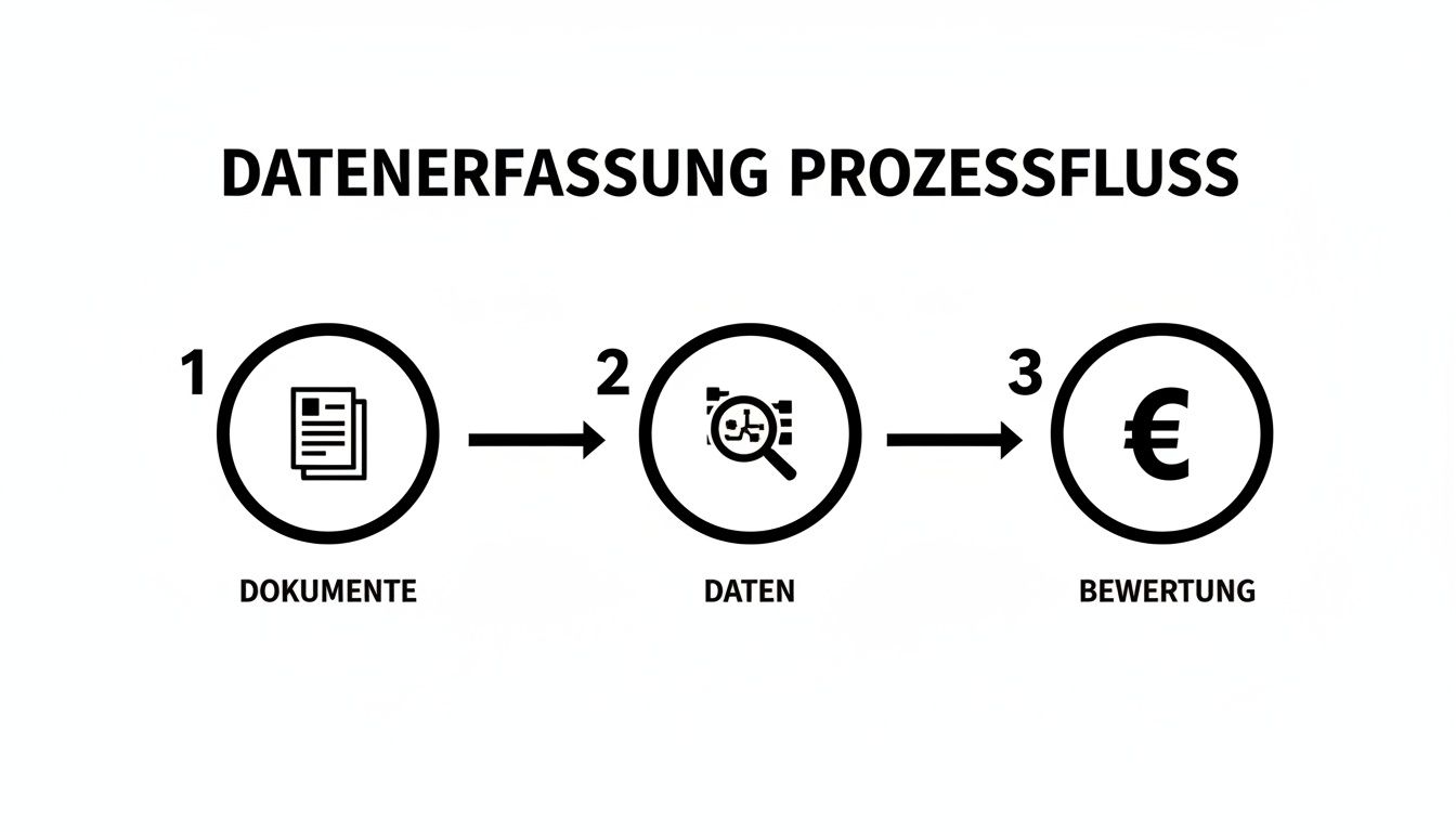 Visualisierung des Datenerfassungs-Prozessflusses: Dokumente erfassen, Daten analysieren und bewerten.