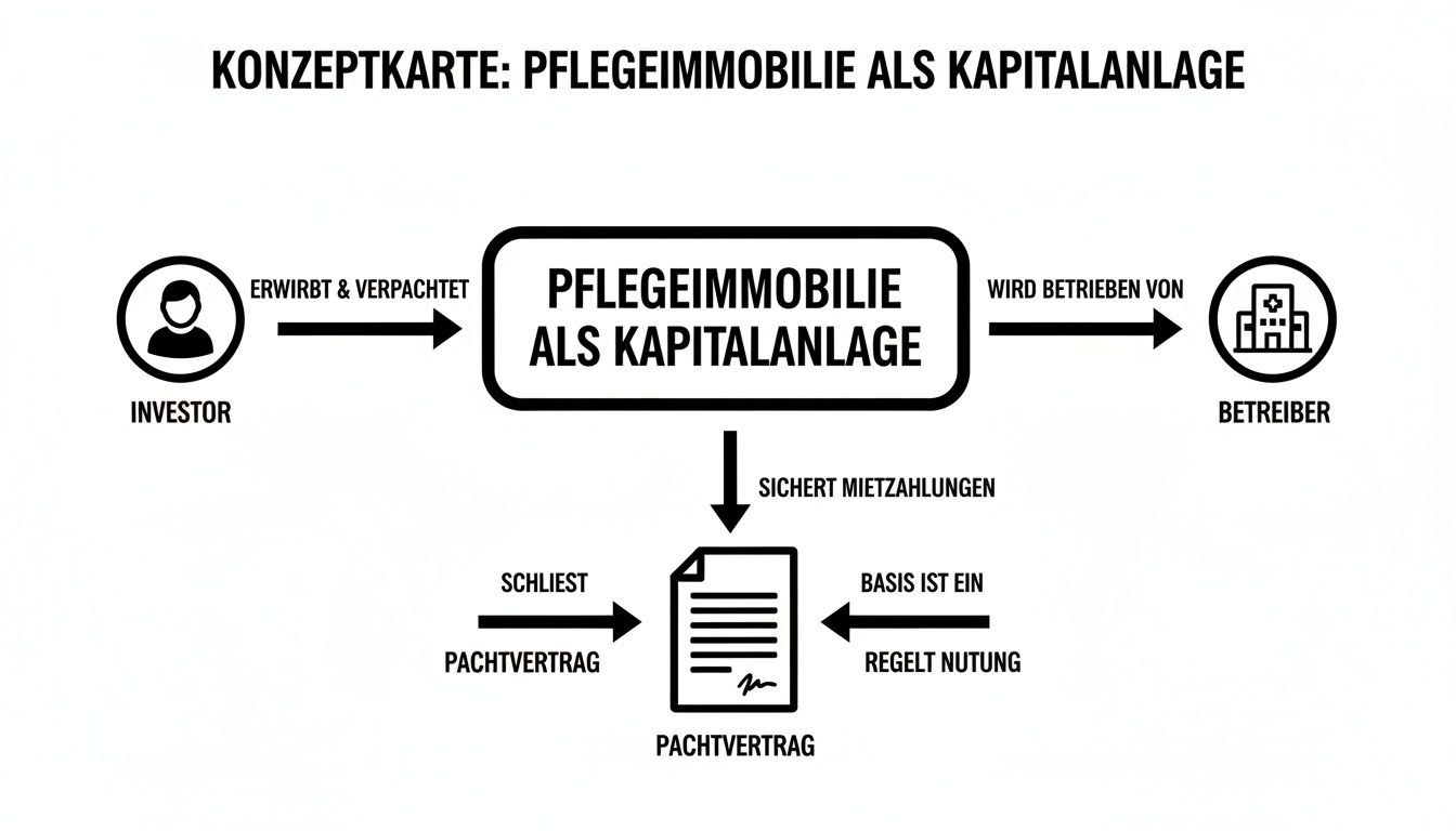 Konzeptkarte zur Pflegeimmobilie als Kapitalanlage, die Beziehungen zwischen Investor, Betreiber und Pachtvertrag aufzeigt.