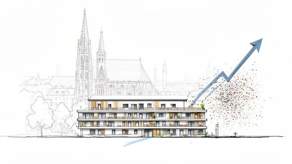 Modernes Apartmentgebäude vor städtischer Kulisse mit aufsteigendem Pfeil symbolisiert Immobilienwachstum und -investition.