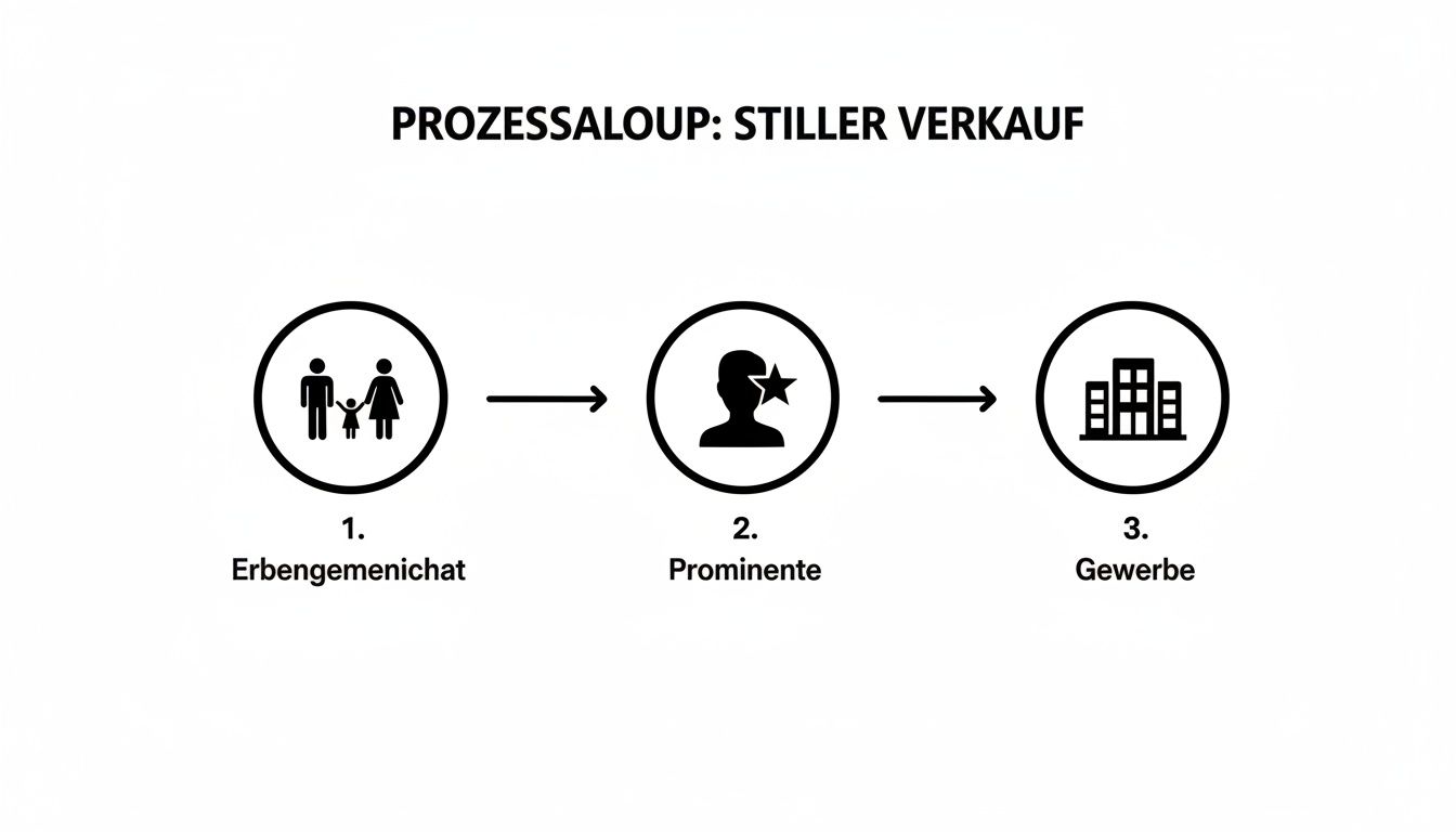 Ein Prozessdiagramm des stillen Verkaufs: beginnend mit Erbengemeinschaften, über Prominente, bis hin zu Gewerbeimmobilien.