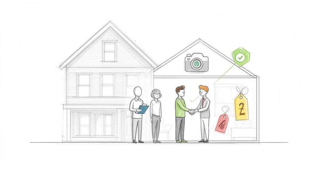 Eine Illustration, die eine Immobilienauflösung zeigt, mit Menschen, die sich die Hand geben, und Symbolen für den Verkaufsprozess.