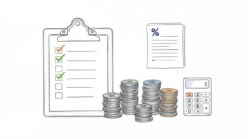 Checkliste, Münzen, Dokumente mit Prozentzeichen und ein Taschenrechner zur Veranschaulichung von Finanzmanagement und Berechnungen.