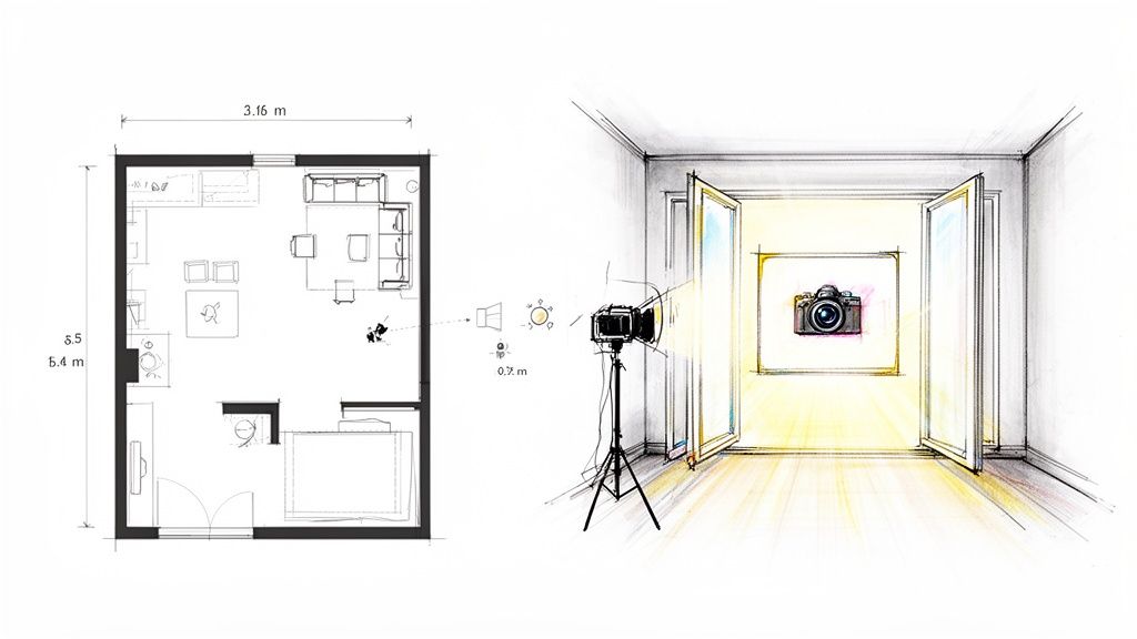 Grundriss einer Wohnung und Skizze eines Fotostudios mit Kamera und Beleuchtungsausrüstung für Immobilienbilder.