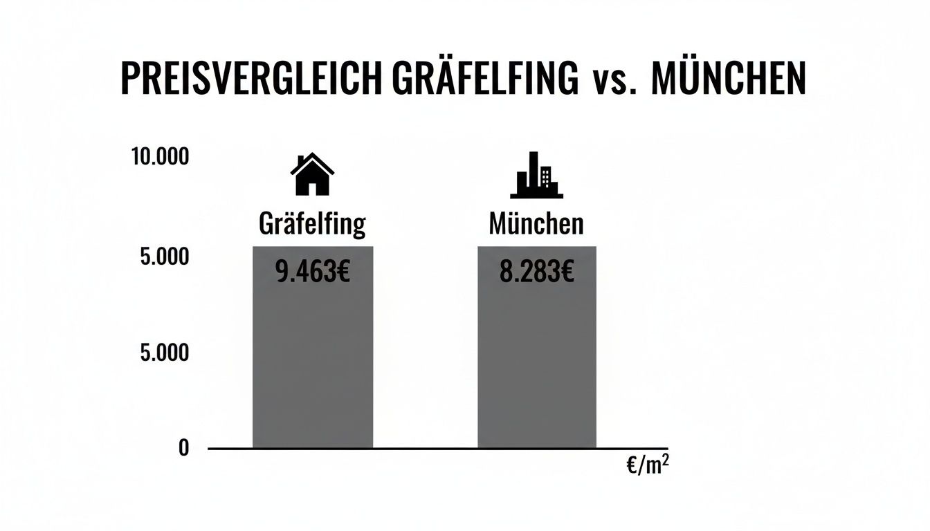 Balkendiagramm zum Preisvergleich von Immobilien pro Quadratmeter in Gräfelfing und München.