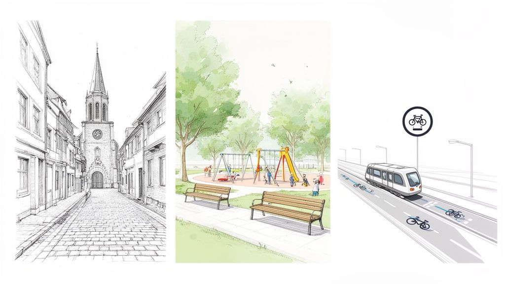 Drei Illustrationen: eine Kirche in einer gepflasterten Straße, ein Spielplatz mit Kindern und ein Zug mit Radwegen.