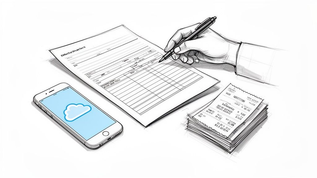Skizze: Eine Hand füllt ein Formular aus, daneben liegen ein Smartphone mit Cloud-Symbol und Belege.
