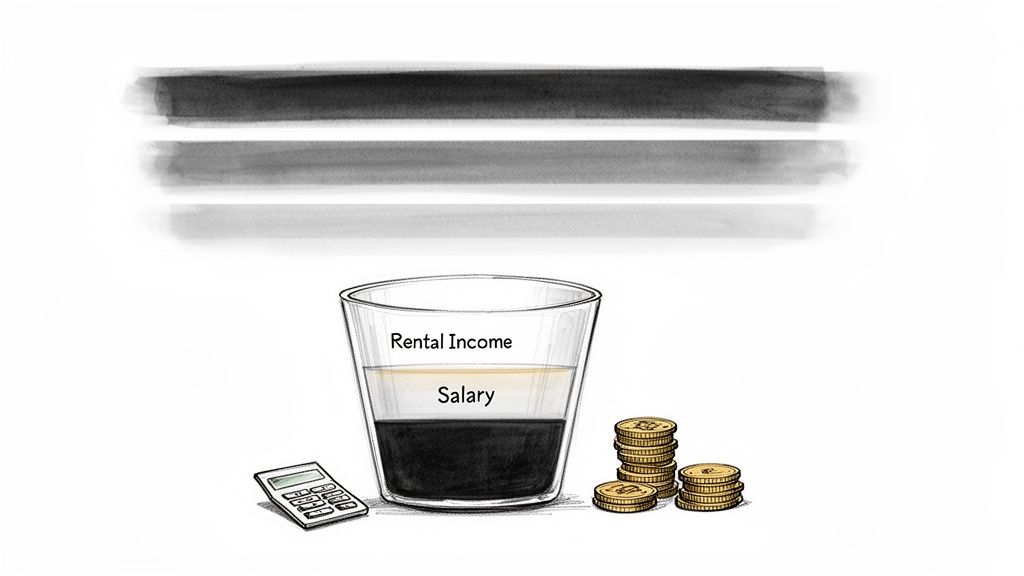 Ein Glas illustriert geschichtete Einkommensarten: Mieteinnahmen und Gehalt, umgeben von Münzen und einem Rechner.
