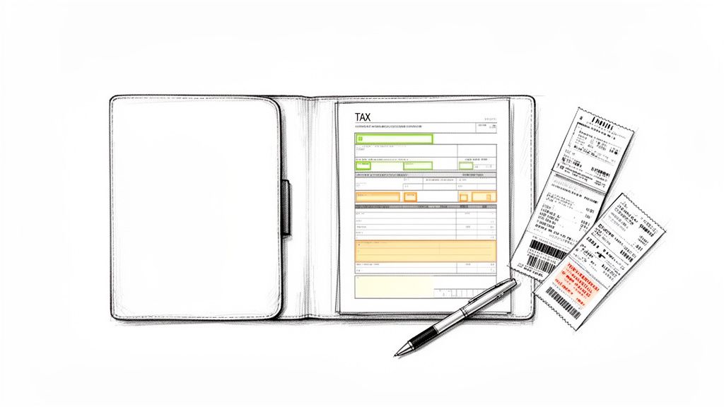 Steuerformular, Belege, Stift und Ordner auf weißem Hintergrund zur Finanzverwaltung und Buchhaltung.
