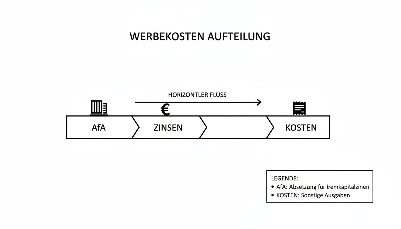 Diagramm zur Aufteilung der Werbekosten, inklusive AfA, Zinsen und sonstiger Ausgaben, dargestellt als horizontaler Fluss.